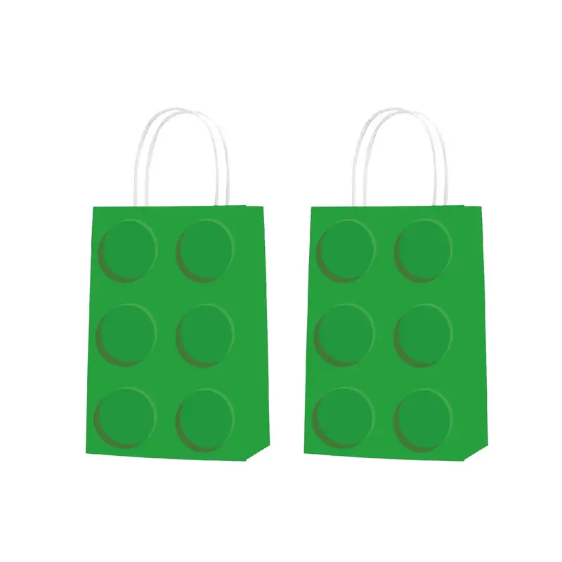 Two green Brick Block Party Bags resembling LEGO bricks, each with six raised bumps and white handles, perfect for LEGO lovers. Ideal as party favors or gifts.