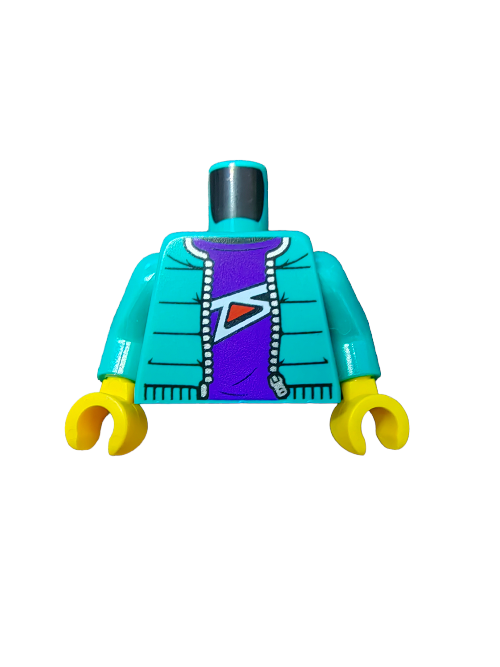 The LEGO 6310580 Torso showcases a teal jacket with a zipper over a dark purple shirt, featuring an abstract white and red design. It comes with yellow hands but no head, ideal for customizing your Lego creations.