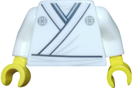 The Martial Arts Torso Design is a white LEGO torso featuring a printed martial arts uniform with black stripes and two circular symbols. It has yellow hands and excludes the head and legs.