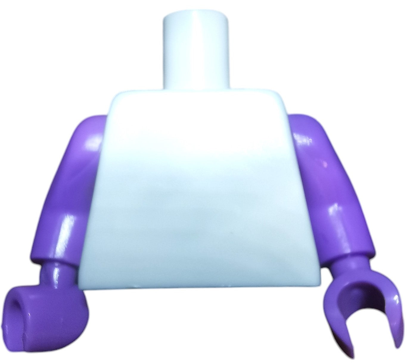 The Minifigure Keyring Torsos features a toy figures upper body with a white torso and purple arms, hands shaped like small cups, and arms positioned slightly downward.