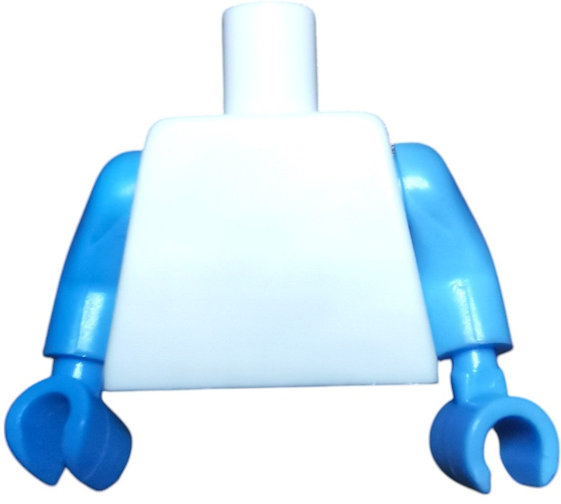 A Minifigure Keyring Torso features bright blue arms and hands with a plain white chest, excluding the head and legs.