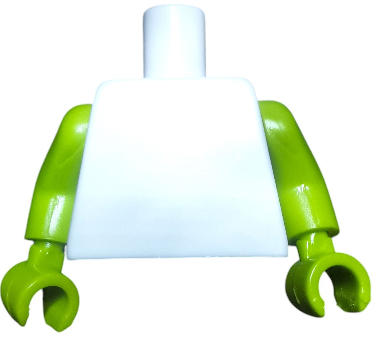 A white plastic LEGO torso with bright green arms and C-clamp hands from the Minifigure Keyring Torsos collection, viewed from the front. No head or legs attached; arms are straight down.