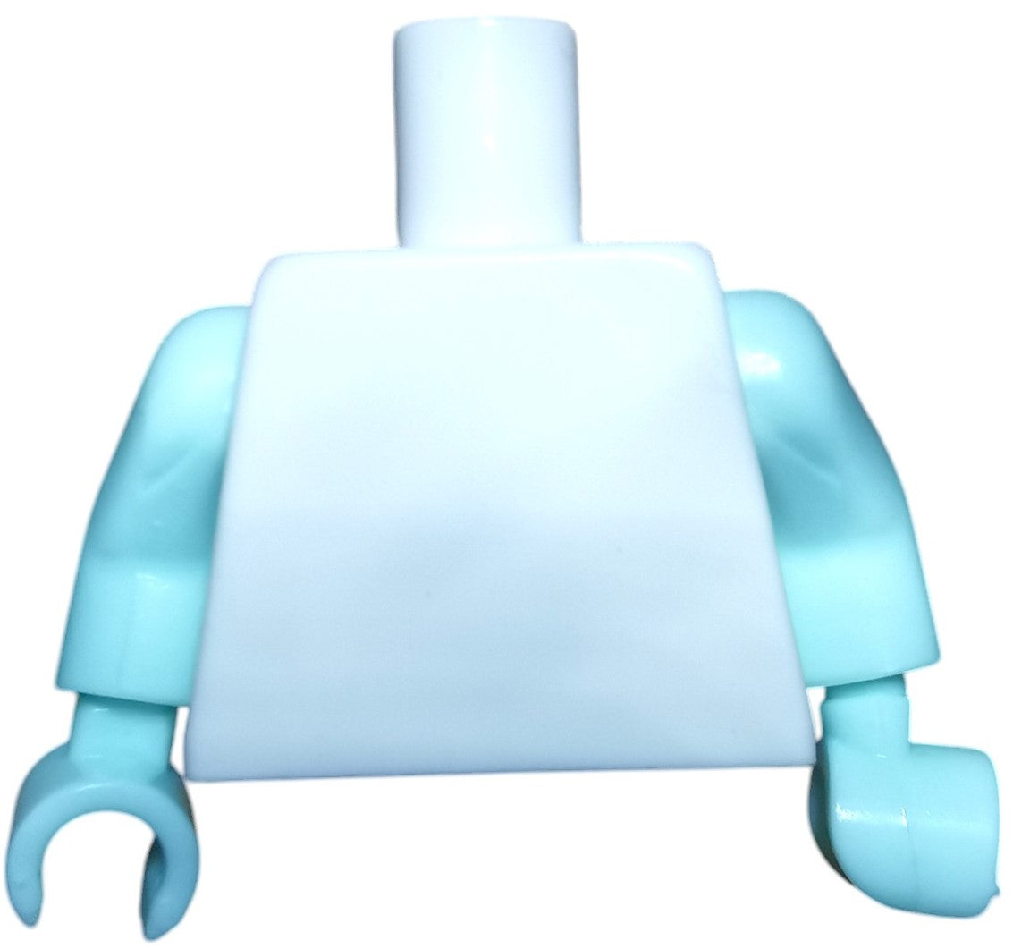 A LEGO Minifigure Keyring Torso, light blue with no head or legs, features a white front and light blue arms ending in C-shaped hands.