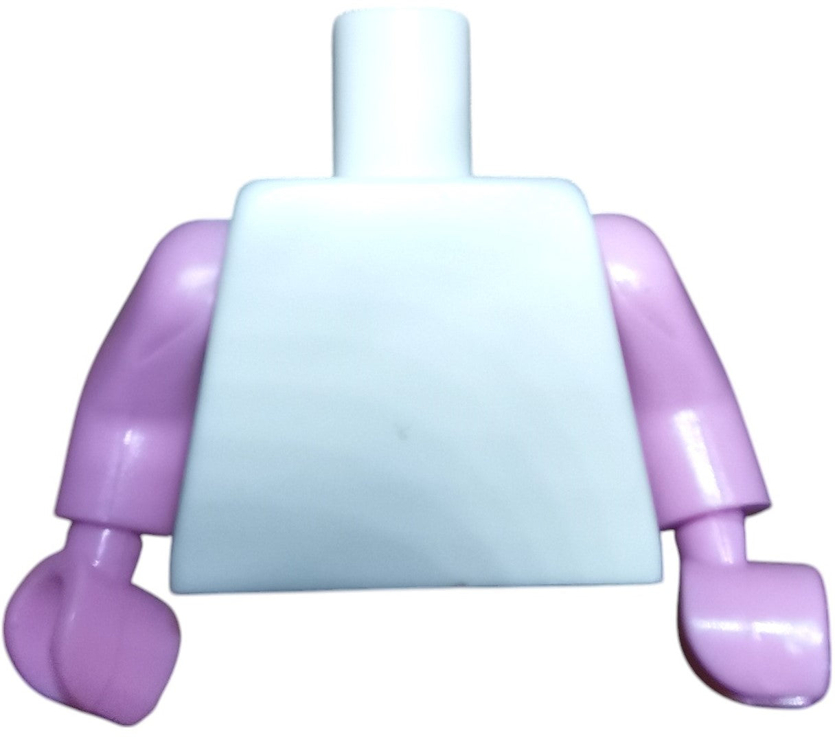 A Minifigure Keyring Torso with no head, made of white plastic and featuring pink arms and hands. The arms are slightly bent at the elbows, and the block is upright against a white background.