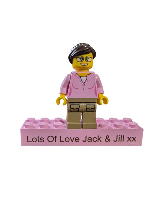 Build Your Own LEGO Minifigure on a Brick with a message.
