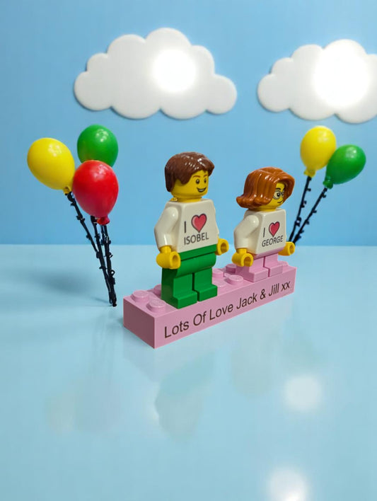Build your Own Minifigure Gift Two Minifigures With Names printed on the torsos and brick Message.