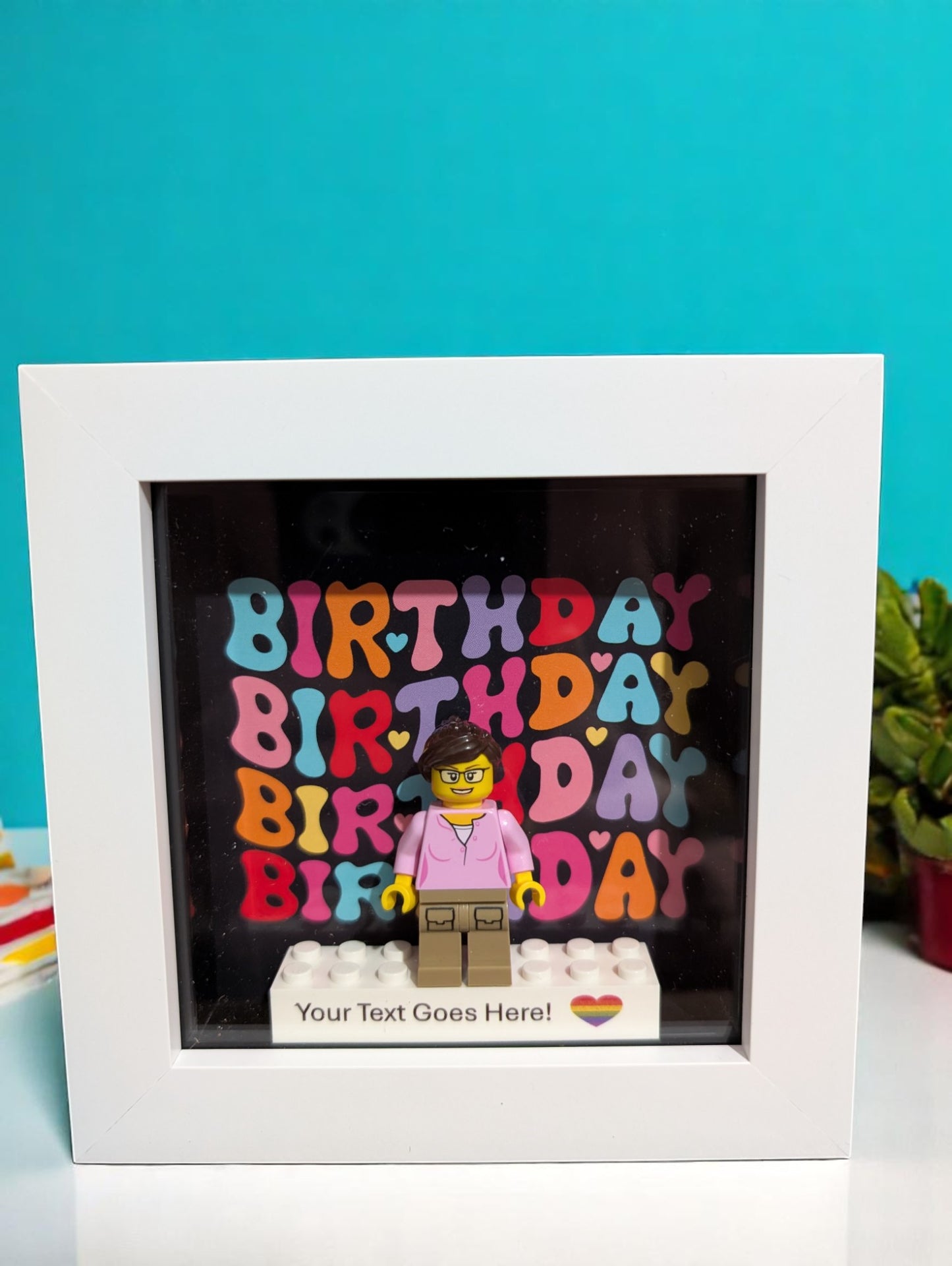 Personalised LEGO®  Create a Personalised birthday gift. Minifigure in a frame. A new twist on birthday cards.
