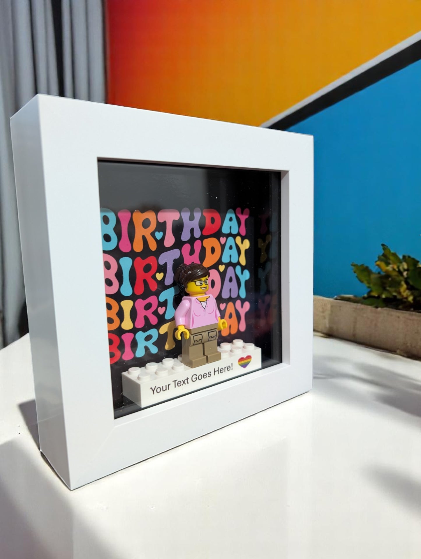 Personalised LEGO®  Create a Personalised birthday gift. Minifigure in a frame. A new twist on birthday cards.