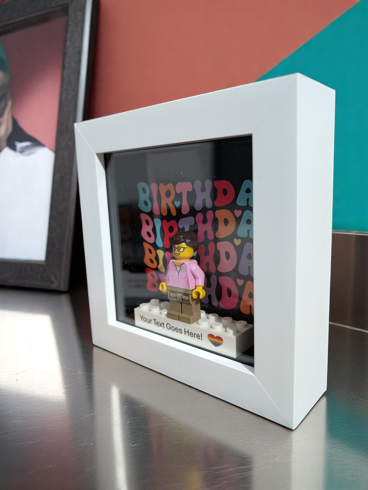 Personalised LEGO®  Create a Personalised birthday gift. Minifigure in a frame. A new twist on birthday cards.