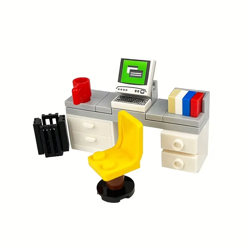 Minifigure Computer Desk Furniture Small Building Blocks, Assembly Toy, Office Desk Computer Desk Trash Can, Desktop Decoration, Scene Accessories, Educational Collage Building Blocks