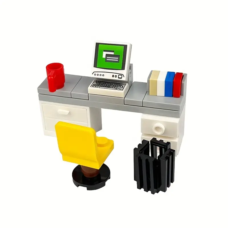 Minifigure Computer Desk Furniture Small Building Blocks, Assembly Toy, Office Desk Computer Desk Trash Can, Desktop Decoration, Scene Accessories, Educational Collage Building Blocks