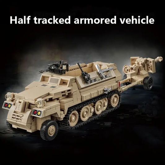 Military Half-Tracked Armored Vehicle Building Kit - 562pcs Artillery Tank Constructor Set, DIY Educational Assembly Toy for Age 6+, Durable ABS Plastic, Black & Tan