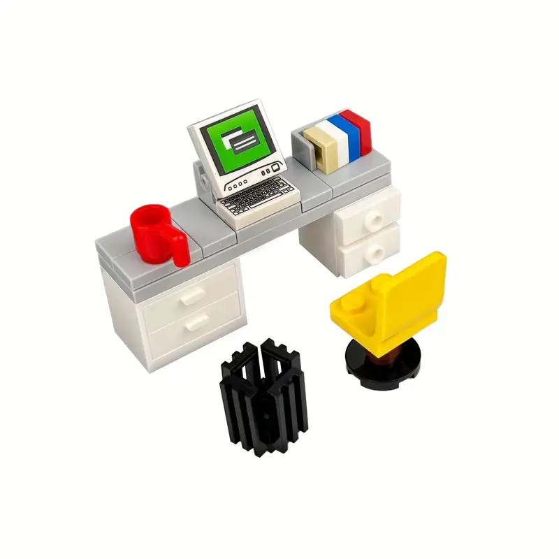 Minifigure Computer Desk Furniture Small Building Blocks, Assembly Toy, Office Desk Computer Desk Trash Can, Desktop Decoration, Scene Accessories, Educational Collage Building Blocks