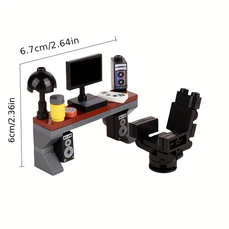 Minifigure Gaming Desk, Grey ABS 51pcs Miniature Gaming Desk Set - City Life Office DIY Assembly Toy - Computer Desk Decor