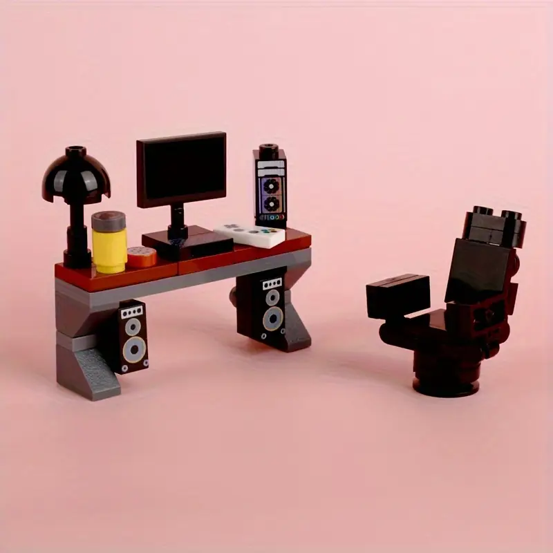 Minifigure Gaming Desk, Grey ABS 51pcs Miniature Gaming Desk Set - City Life Office DIY Assembly Toy - Computer Desk Decor