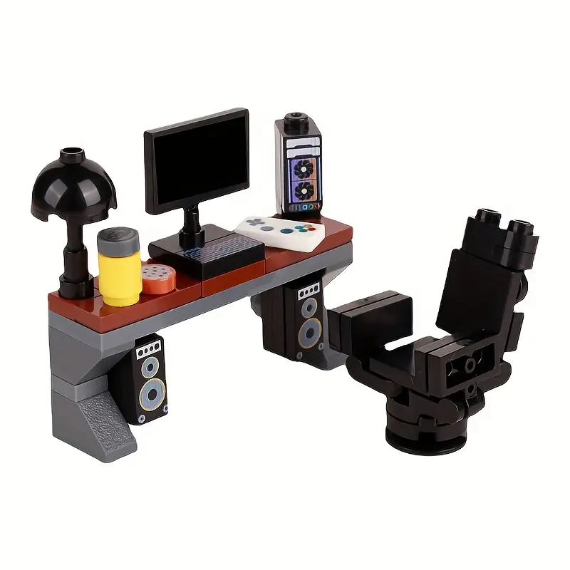 Minifigure Gaming Desk, Grey ABS 51pcs Miniature Gaming Desk Set - City Life Office DIY Assembly Toy - Computer Desk Decor