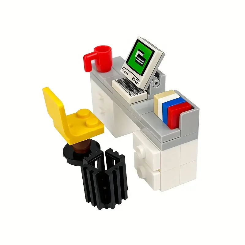 Minifigure Computer Desk Furniture Small Building Blocks, Assembly Toy, Office Desk Computer Desk Trash Can, Desktop Decoration, Scene Accessories, Educational Collage Building Blocks