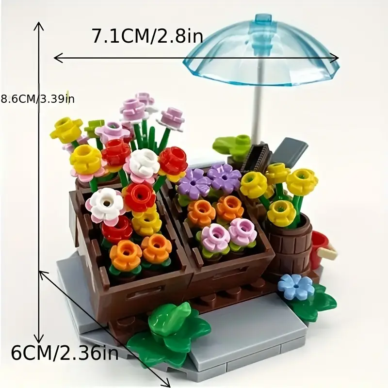 Minifigure Flower Cart Plant Bouquet Building Blocks Set, European Town Florist Stand, Street Scene Landscape Bricks Toy, Educational Creative Gift for Ages 6+, ABS Plastic, Mixed Colors