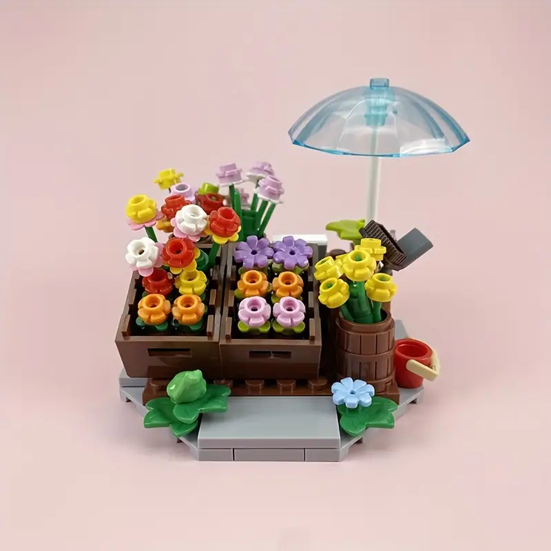 Minifigure Flower Cart Plant Bouquet Building Blocks Set, European Town Florist Stand, Street Scene Landscape Bricks Toy, Educational Creative Gift for Ages 6+, ABS Plastic, Mixed Colors