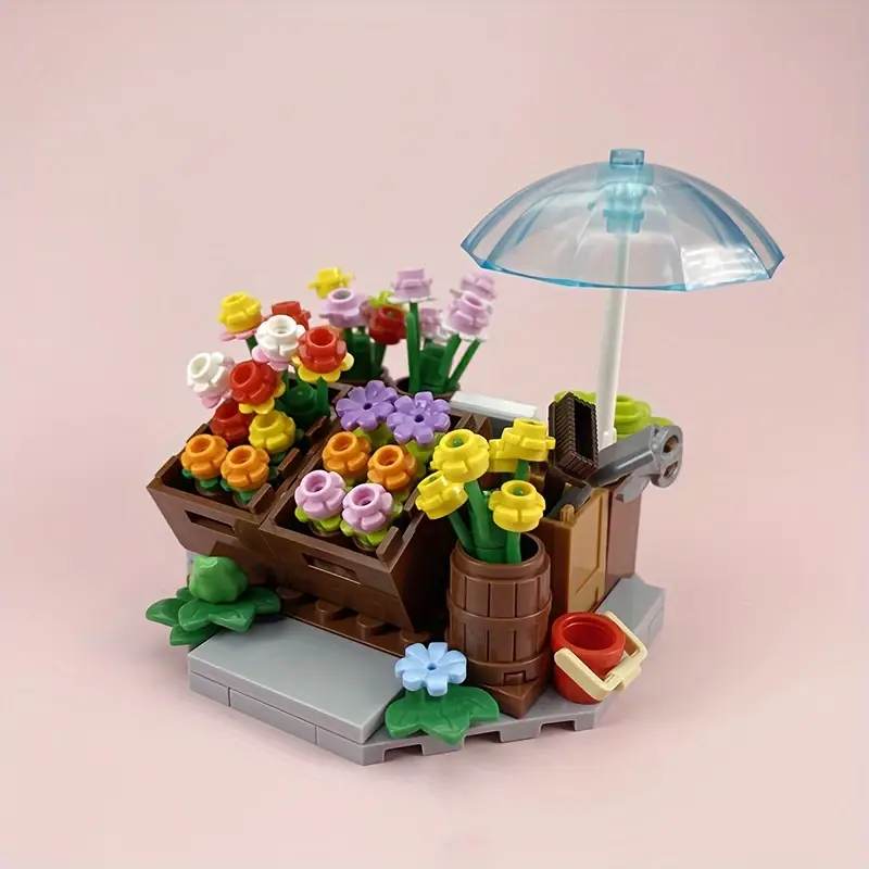 Minifigure Flower Cart Plant Bouquet Building Blocks Set, European Town Florist Stand, Street Scene Landscape Bricks Toy, Educational Creative Gift for Ages 6+, ABS Plastic, Mixed Colors