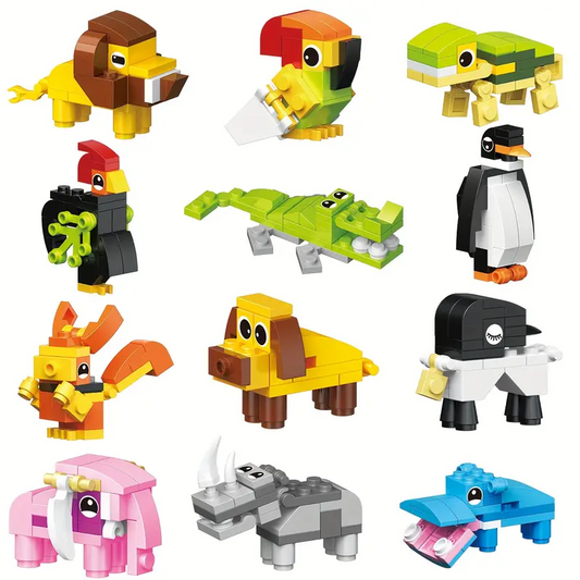 12 Brick Block Forest Animals, Lion, Elephant, Crocodile, Turtle, Hippo, Squirrel Many Variations.