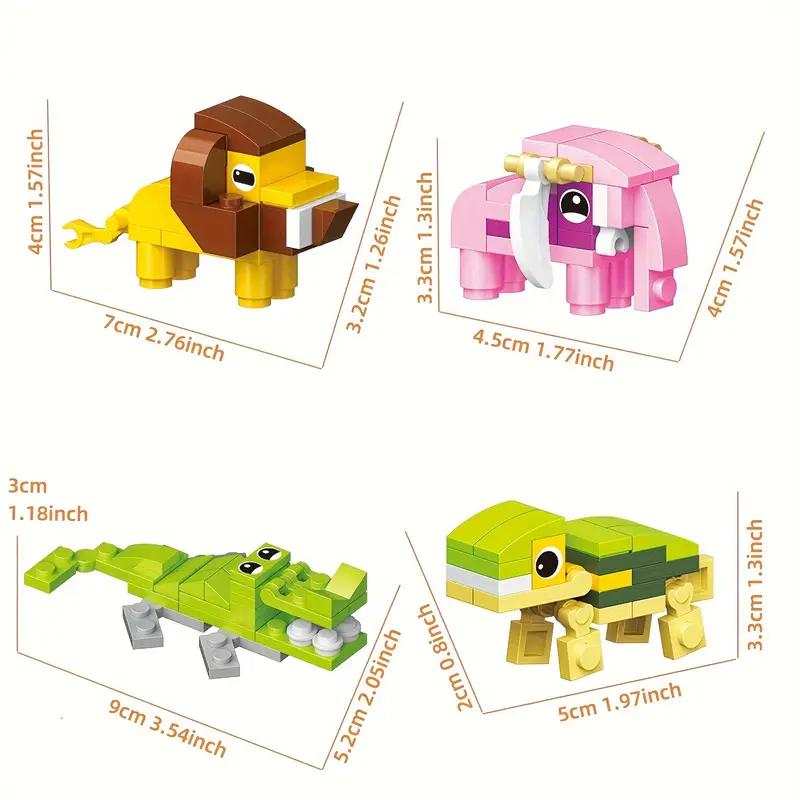 12 Brick Block Forest Animals, Lion, Elephant, Crocodile, Turtle, Hippo, Squirrel Many Variations.