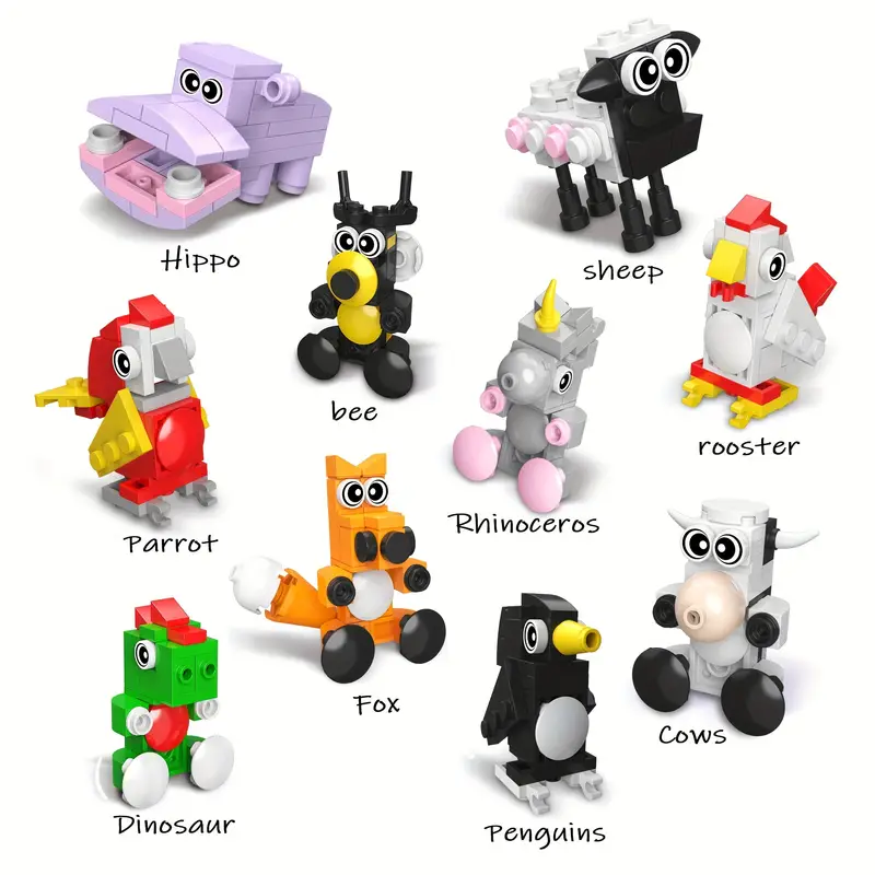 10 Cute Little Brick Animals Various Types, Hippo, Penguin, Cow, Fox