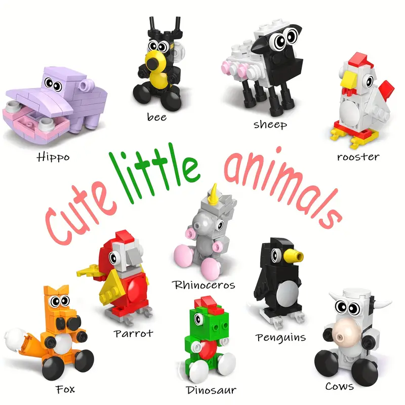 10 Cute Little Brick Animals Various Types, Hippo, Penguin, Cow, Fox