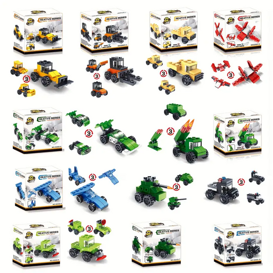 10 Cute Brick Block Cars. Racing Car, Tank, Forklift truck, Jet, Truck