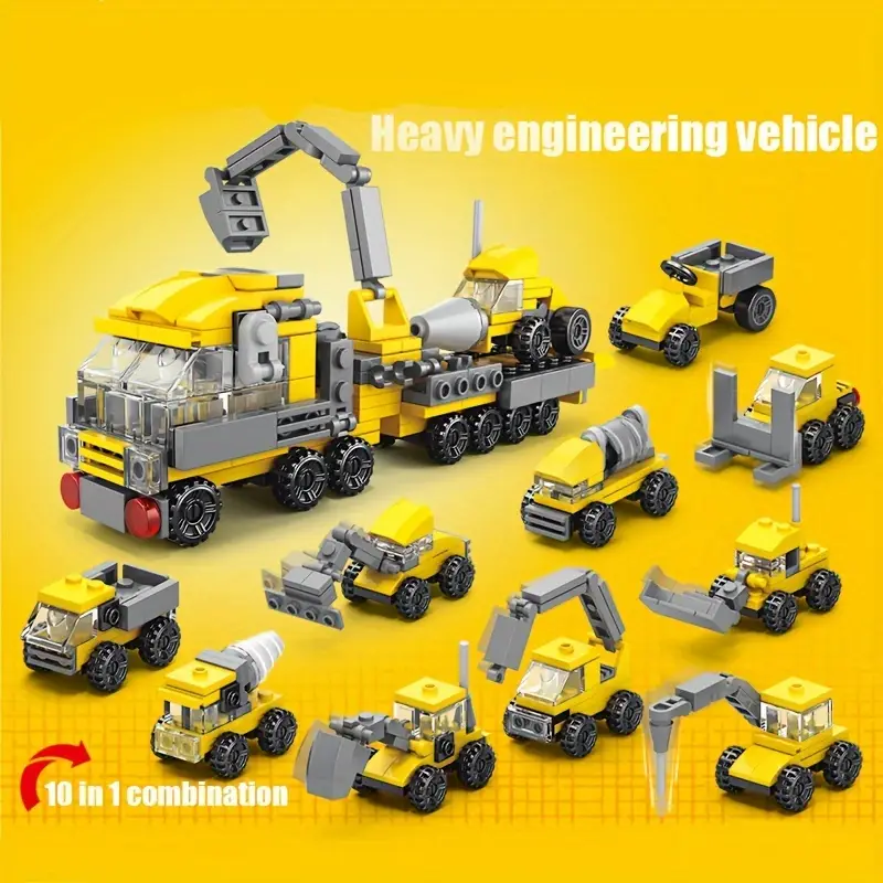 10pcs Construction Vehicle Building Blocks Set, 10 in 1 Combinations.