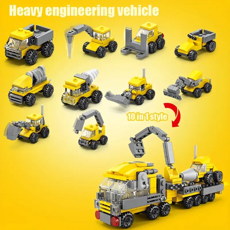 10pcs Construction Vehicle Building Blocks Set, 10 in 1 Combinations.