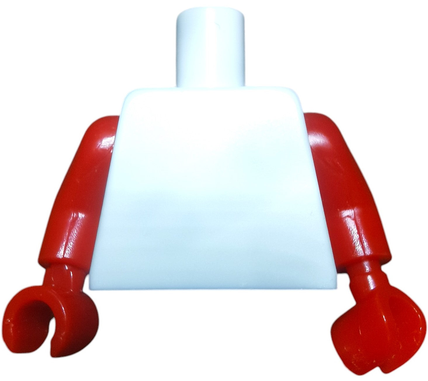 A Minifigure Keyring Torsos piece in white, includes red arms and hands but no head.