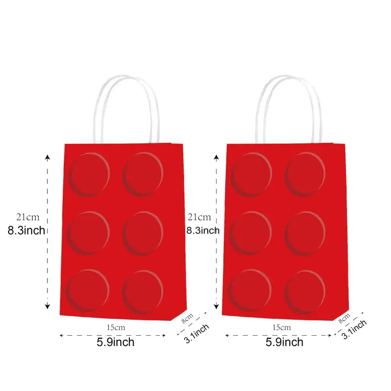 Ideal for LEGO fans, the Brick Block Party Bags pack includes 12 bags resembling building blocks with bumps. Featuring two red bags with white handles, each measures 21 cm tall, 15 cm wide, and 8 cm deep—perfect party favors for any celebration.