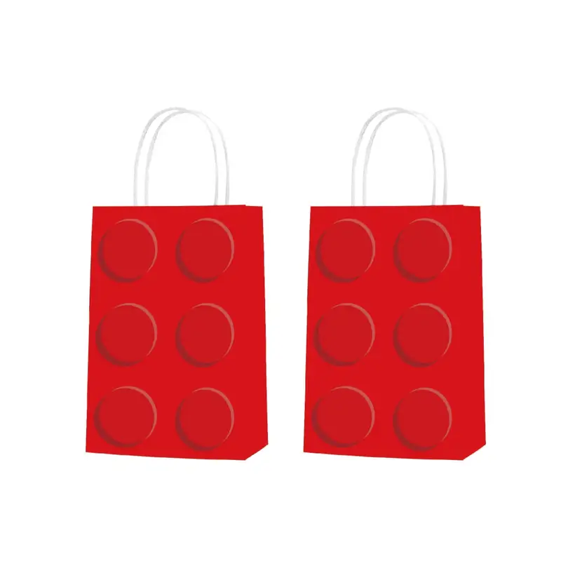 Two red Brick Block Party Bags, resembling LEGO blocks with six circular indents and featuring white handles, are perfect for LEGO enthusiasts.