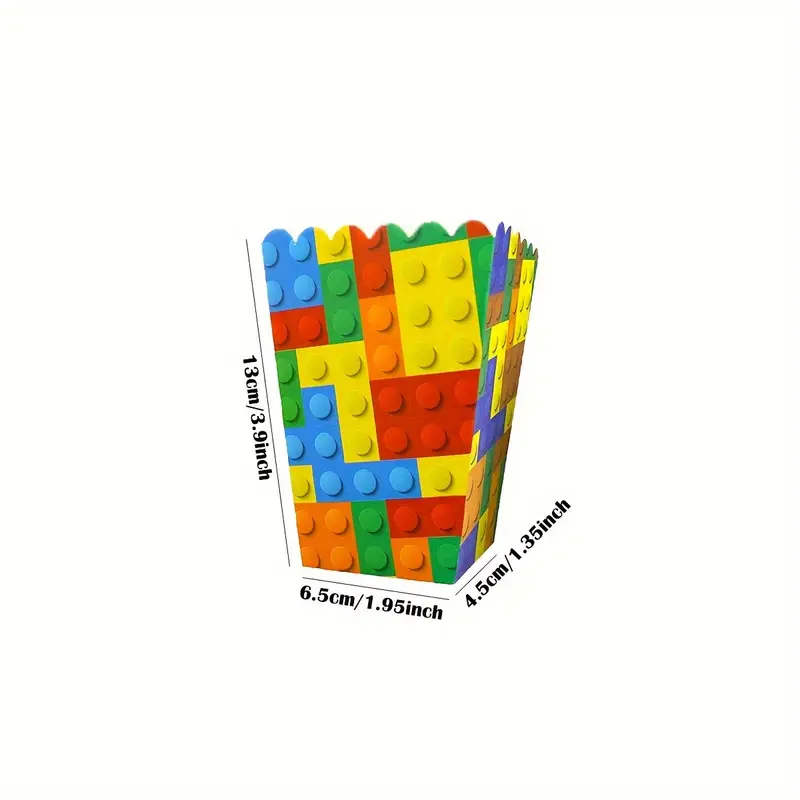 The 4 Themed Building Blocks Party Popcorn & Candy Boxes feature colorful toy brick designs. Perfect for birthdays or game night decor, they measure 13cm tall, 6.5cm wide, and 4.5cm deep.
