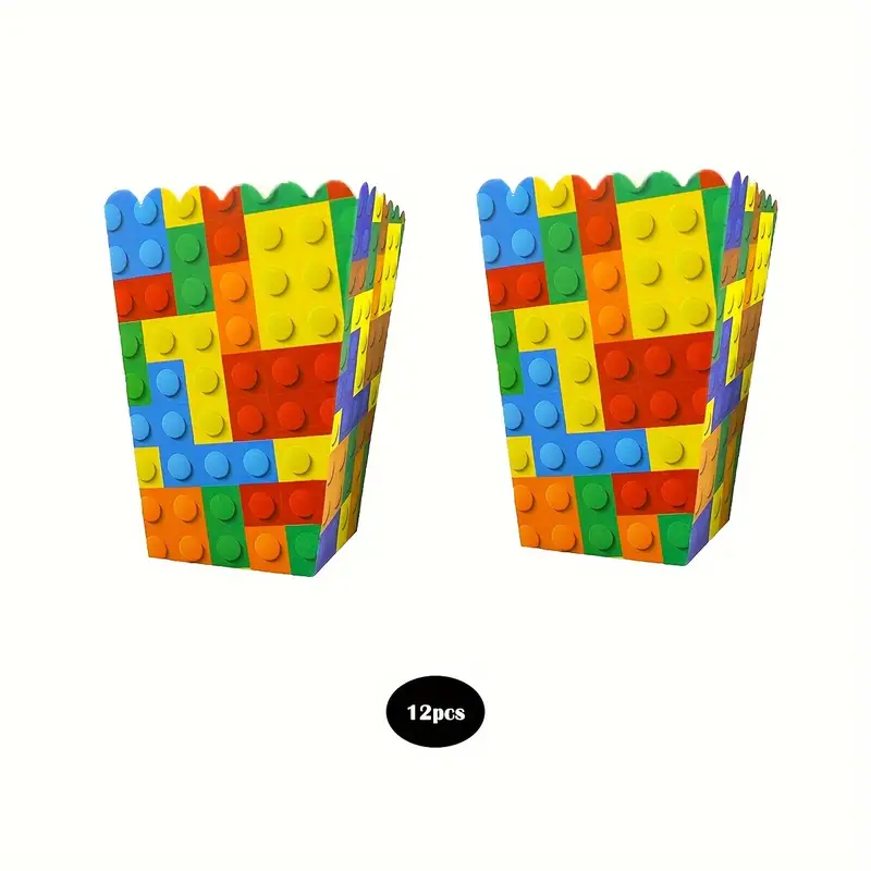 Two interlocking plastic brick-themed popcorn boxes feature a vibrant red, yellow, blue, and green design. A black circle displays 12pcs, suitable for candy boxes or party decorations. Product: 4 Themed Building Blocks Party Popcorn & Candy Boxes - Perfect for Birthday, Game Night Decorations.