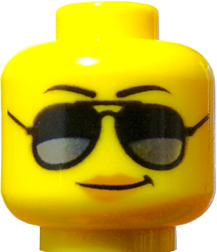 Close-up of a yellow LEGO Minifigure Head featuring a confident smile and sunglasses painted on its face.