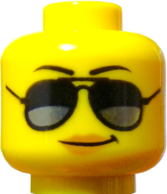 Close-up of a yellow LEGO Minifigure Head featuring a confident smile and sunglasses painted on its face.