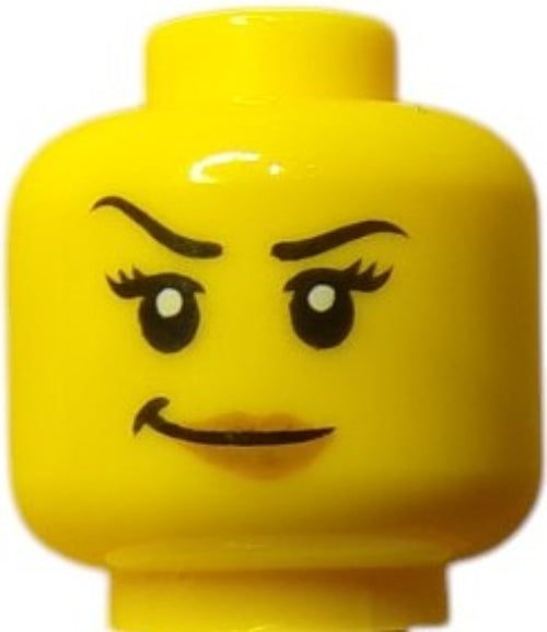 The LEGO 6174813 Minifigure Head features lipstick, a smirk, raised eyebrows, and black eyes, reflecting a confident personality.