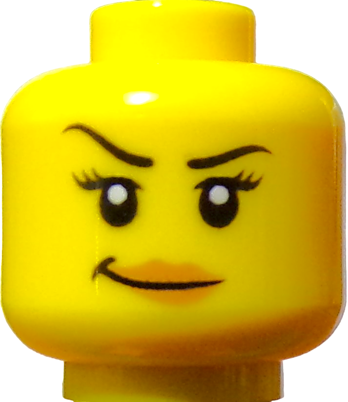 A close-up of a yellow LEGO Minifigure Head shows a raised eyebrow, smiling mouth, and wide eyes, conveying confidence or mischief.