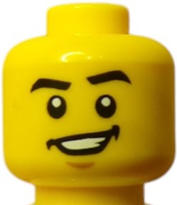 A lightweight, yellow LEGO Minifigure Head (UB1003) features a dual-faced design with one side showcasing unhappiness and the other a vengeful look.