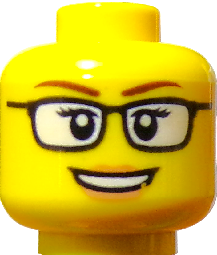 A yellow LEGO Minifigure Head with glasses, arched eyebrows, and a smiling expression printed on it.