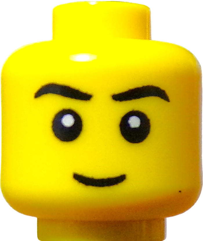 Yellow LEGO Minifigure Head: confident expression with raised eyebrows and a slight smile from the LEGO Minifigure Heads collection.