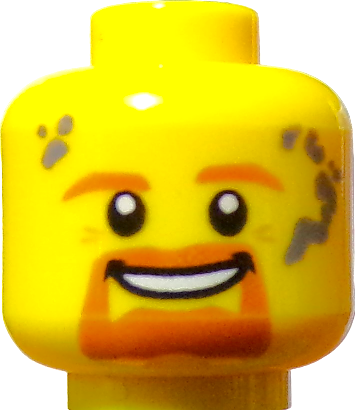 Close-up of a LEGO Minifigure Head: yellow with orange eyebrows, a beard, dirt smudges on the sides, and a cheerful, adventurous smiling face.