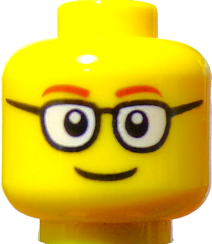 LEGO Minifigure Heads featuring a smiling yellow face with glasses, black eyes, and orange eyebrows.