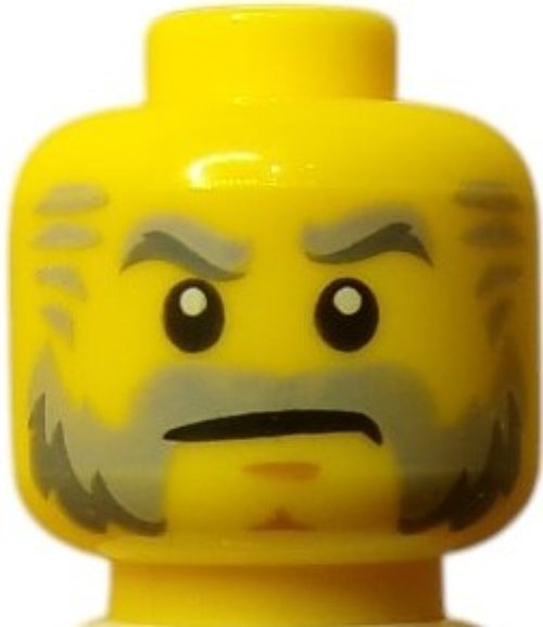 Close-up of the LEGO 6099581 Minifigure Head, resembling a grumpy grandpa with gray beard and bushy eyebrows. Stern expression with wide eyes and a frowning mouth.