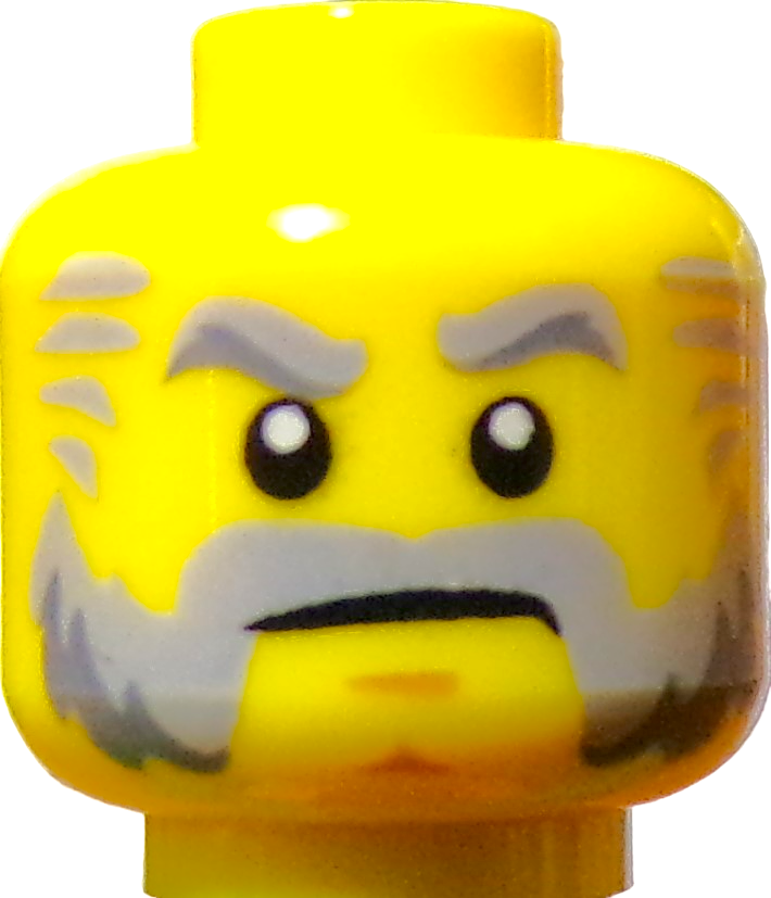 Close-up of a LEGO Minifigure Head in yellow, featuring painted bushy eyebrows, a serious expression, and a gray beard.