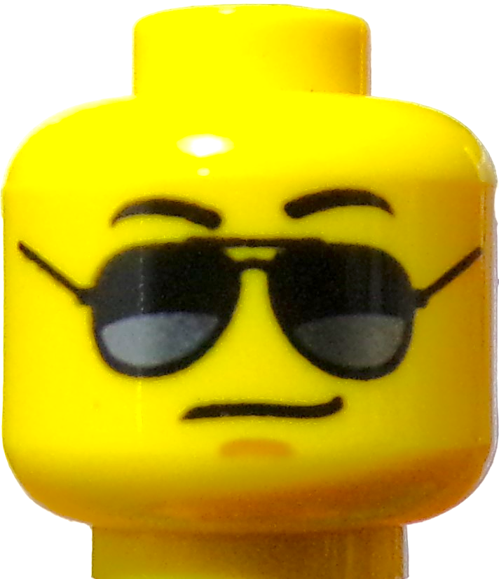 A yellow LEGO Minifigure Head with black sunglasses, a line for a mouth, and curved eyebrows.