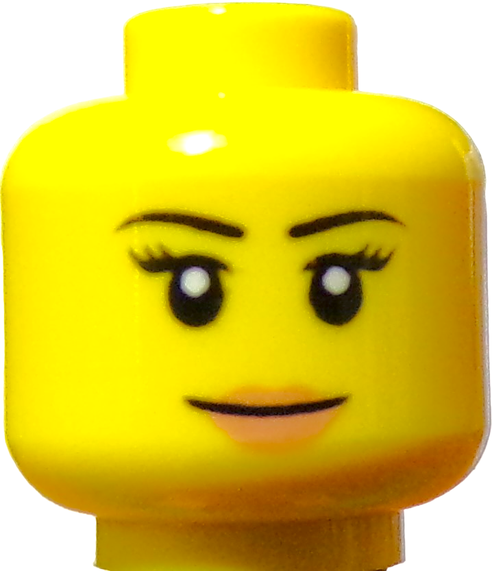 LEGO Minifigure Heads feature a yellow cylindrical design with a friendly face: arched eyebrows, large eyes with eyelashes, and a curved mouth.