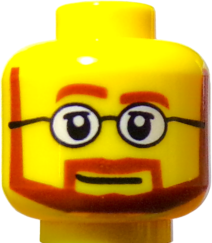 A LEGO Minifigure Head in yellow, showcasing a smiling face with glasses and a red beard.